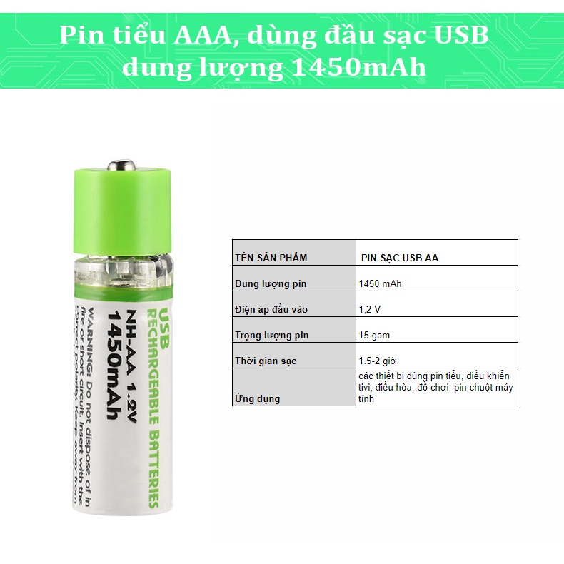 Pin sạc aa tự sạc qua cổng USB tiện dụng dùng cho chuột không dây đồ chơi trẻ nhỏ, bảo vệ môi trường