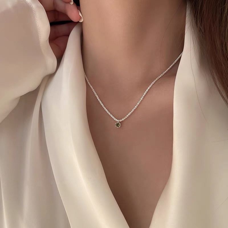 Dây chuyền bạc 925 DUYSON SILVER, Vòng cổ nữ mặt tròn đính đá xanh dây xù bắt sáng lấp lánh [DCKX14]