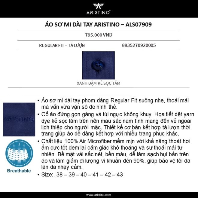 Áo Sơ Mi Nam Dài Tay ARISTINO ALS07909 Somi Công Sở Cao Cấp Màu Xanh Đậm Kẻ Sọc Tăm Vải Nano Mềm Mát Dáng Suông Có Túi | BigBuy360 - bigbuy360.vn