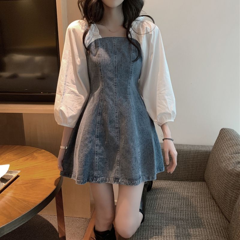[ Fat của nữ Pháp niche retro cổ vuông tay áo phồng cổ thắt lưng váy giả váy denim hai mảnh ]