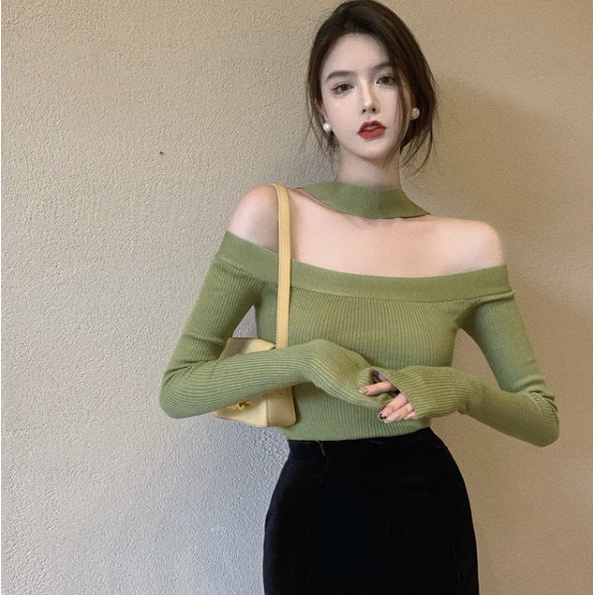 Áo dệt kim tay dài trễ vai dáng ôm thời trang quyến rũ cho nữ COZOK