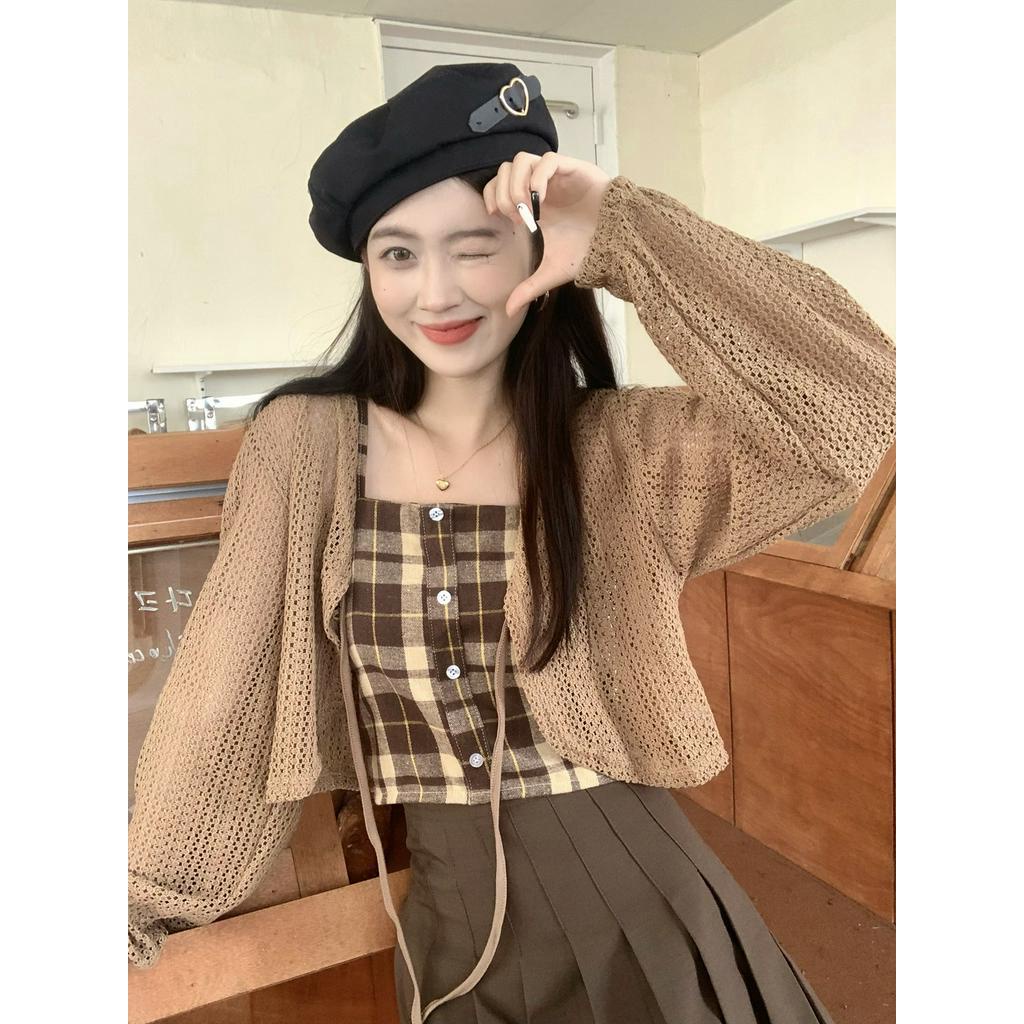 Áo Hai Dây Sọc Ca Rô / Áo Khoác Cardigan / Chân Váy Chữ A Dài Tay Lưng Cao Xếp Ly Thời Trang Retro Sành Điệu 54050