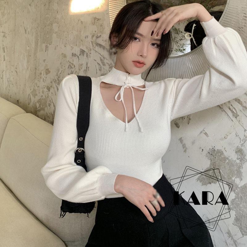 Áo Dệt Kim Tay Dài Cổ Chữ V Thiết Kế Buộc Dây Gợi Cảm