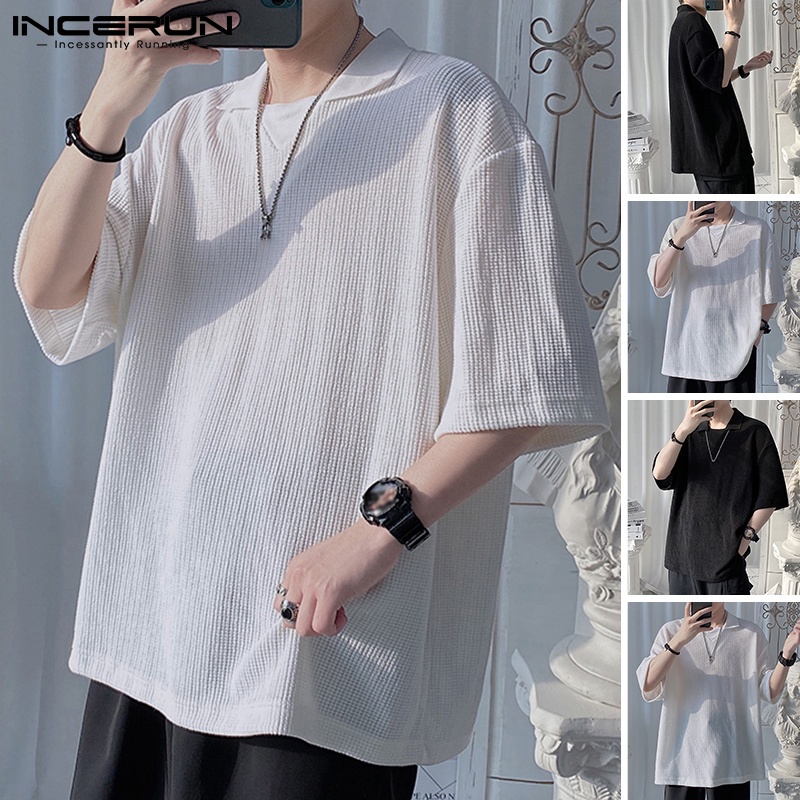 Áo thun INCERUN tay ngắn cổ áo bẻ dáng rộng màu trơn phong cách Hàn Quốc thời trang dành cho nam