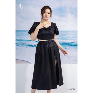 Set áo croptop nhún ngực + chân váy dài xẻ bigsize - 22sbd01 -