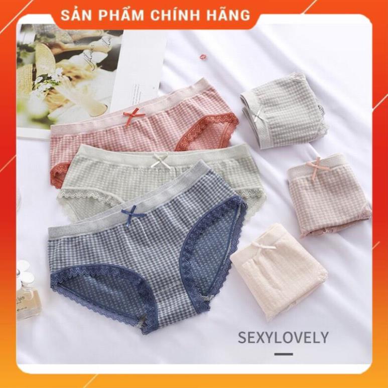Quần Lót Cotton Co Giãn 4 Chiều Kẻ Caro Viền Ren Dễ Thương 555