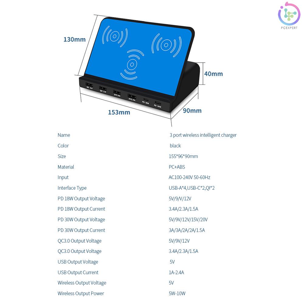 819 6 Port USB Charger Wireless PD+QC3.0 Quick Charge Multifunctional Charger for Mobile Phone/Tablet/Laptop EU Plug