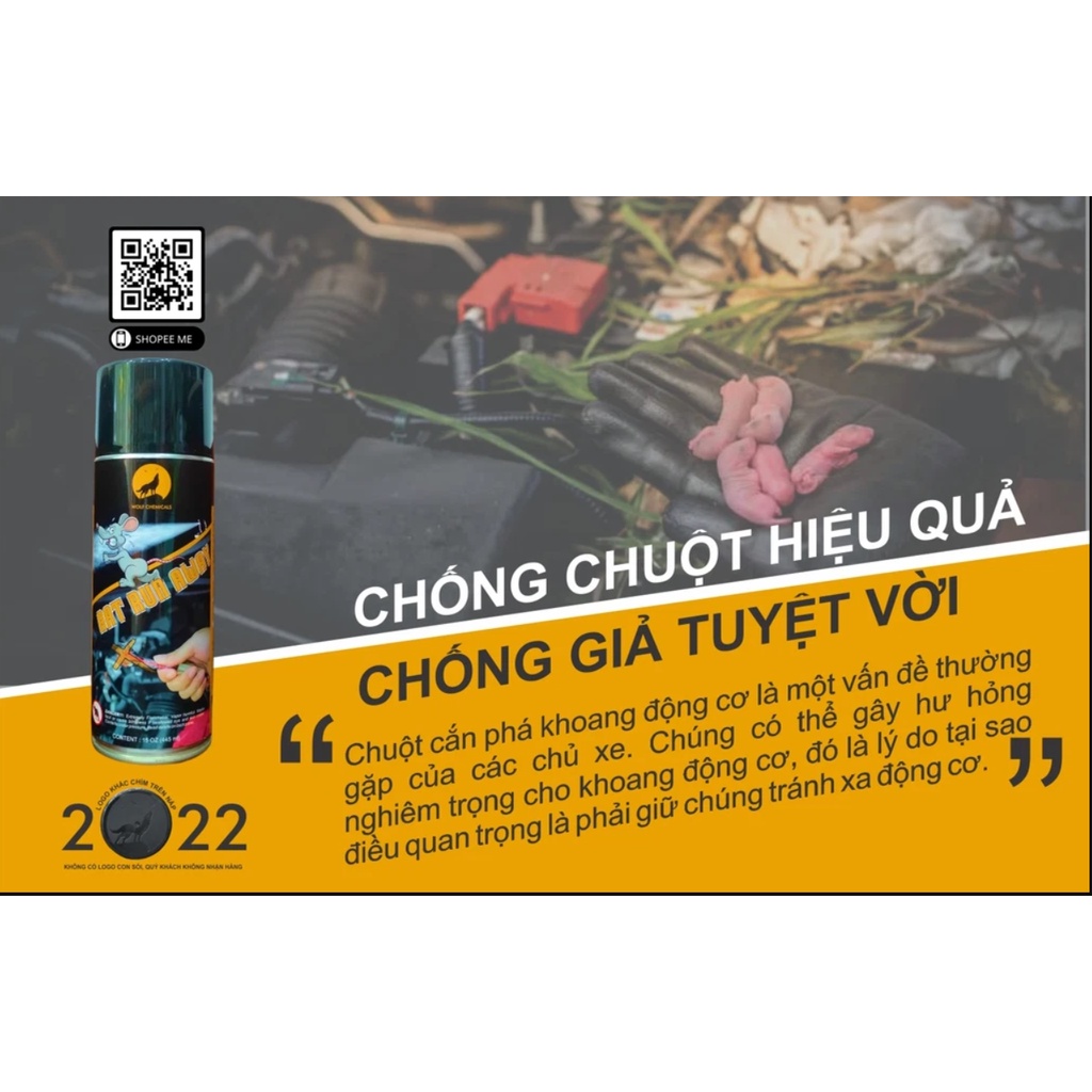 Chai xịt đuổi chuột đi xa, tránh cắn dây điện xe máy, ô tô, xịt khoang đông cơ Rat Run Away 455ml Wolf Chemicals USA