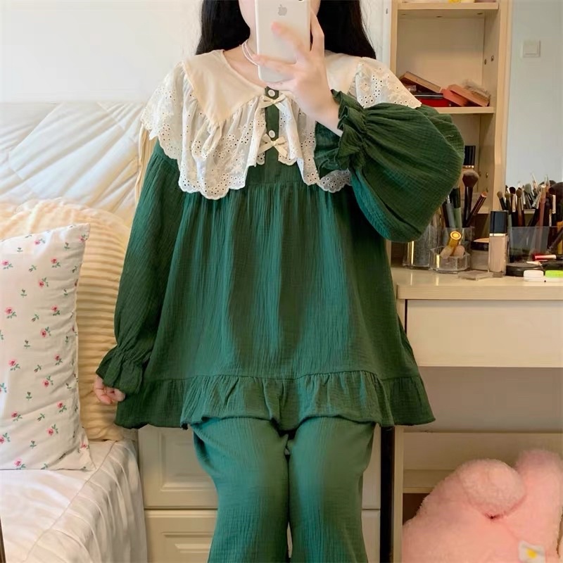 New SET BỘ ĐỒ MẶC NHÀ TIỂU THƯ QUẢNG CHÂU XÔ MUSLIN XANH PHỐI BÈO rẻ nhất shopee