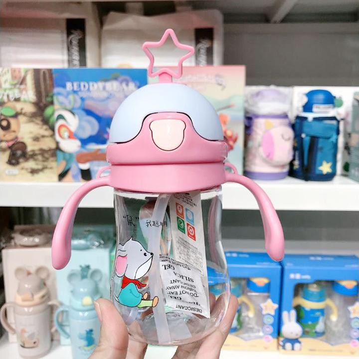 Bình Uống Nước 380ml Có Tay Cầm Và Ống Hút Chống Tràn Họa Tiết Hoạt Hình Cho Bé