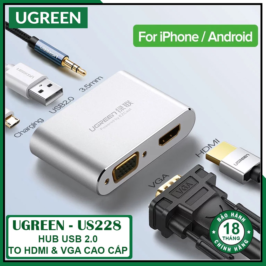 Thiết Bị Chuyển USB 2.0 Sang HDMI & VGA Cao Cấp | UGREEN US228 Chính Hãng | Hỗ trợ fullHD 1080p@60Hz