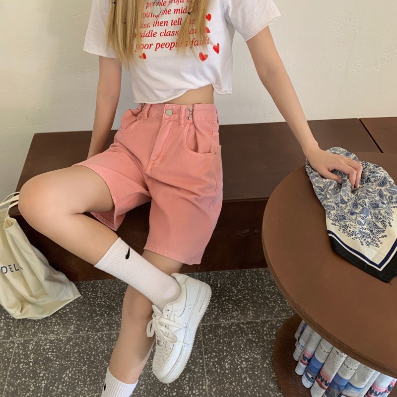 Quần Short Jean Lưng Cao Ống Rộng Màu Hồng Phong Cách Hàn Quốc Thời Trang Mùa Hè Năm 2022 Dễ Phối Đồ Cho Nữ