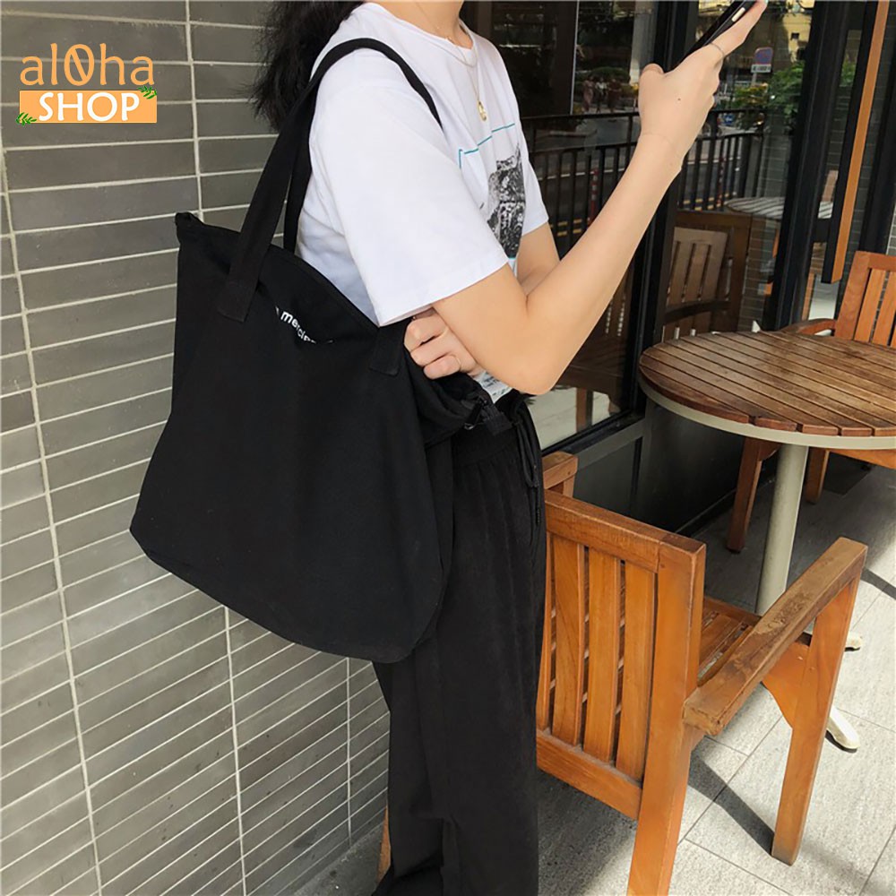 Túi tote đeo vai vải bố canvas T052 nữ in chữ by merciparis có khóa kéo, mềm, đẹp phong cách Hàn