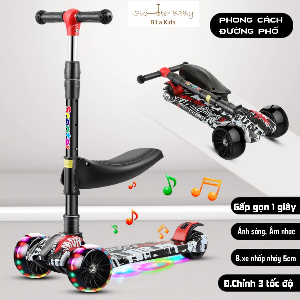 Xe Scooter Cho Bé Có Ghế, Nhạc, Đèn Gấp Gọn Thông Minh - Xe Trượt Scooter, Xe Chòi Chân 3 Bánh Phát Sáng Vĩnh Cửu