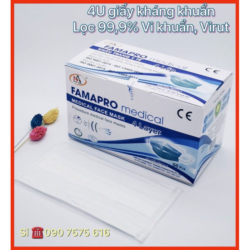 Hộp 50 cái khẩu trang y tế 4 lớp giấy kháng khuẩn Famapro màu trắng