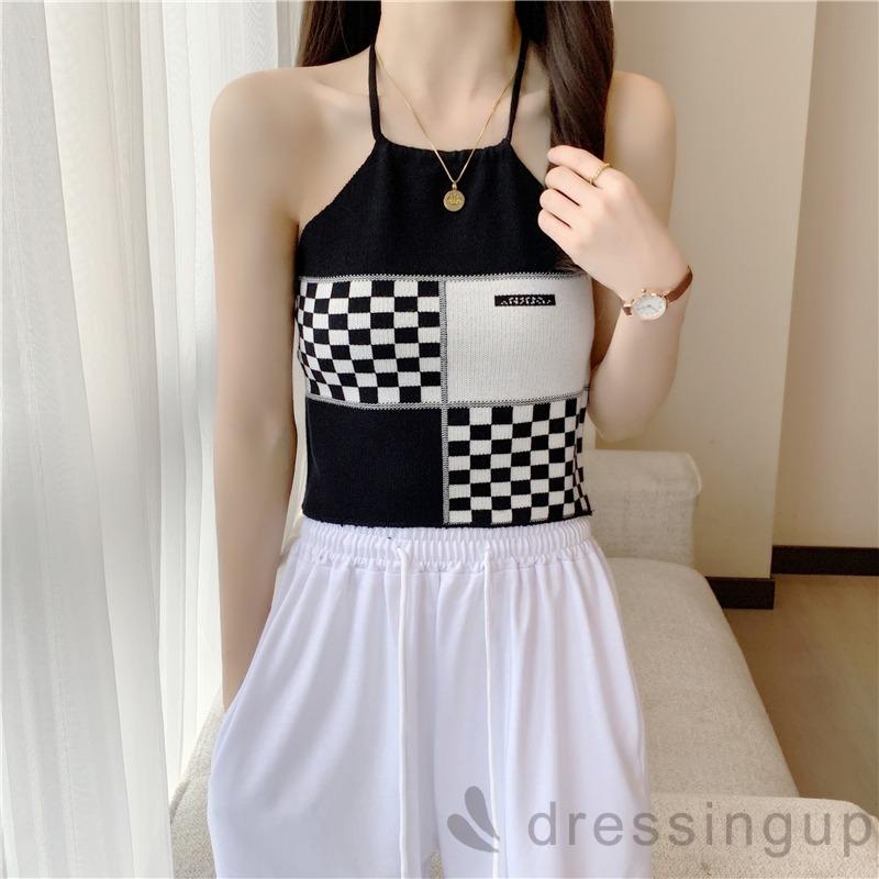 Áo Tank Top Hở Lưng Phối Họa Tiết Caro Thời Trang Cho Nữ
