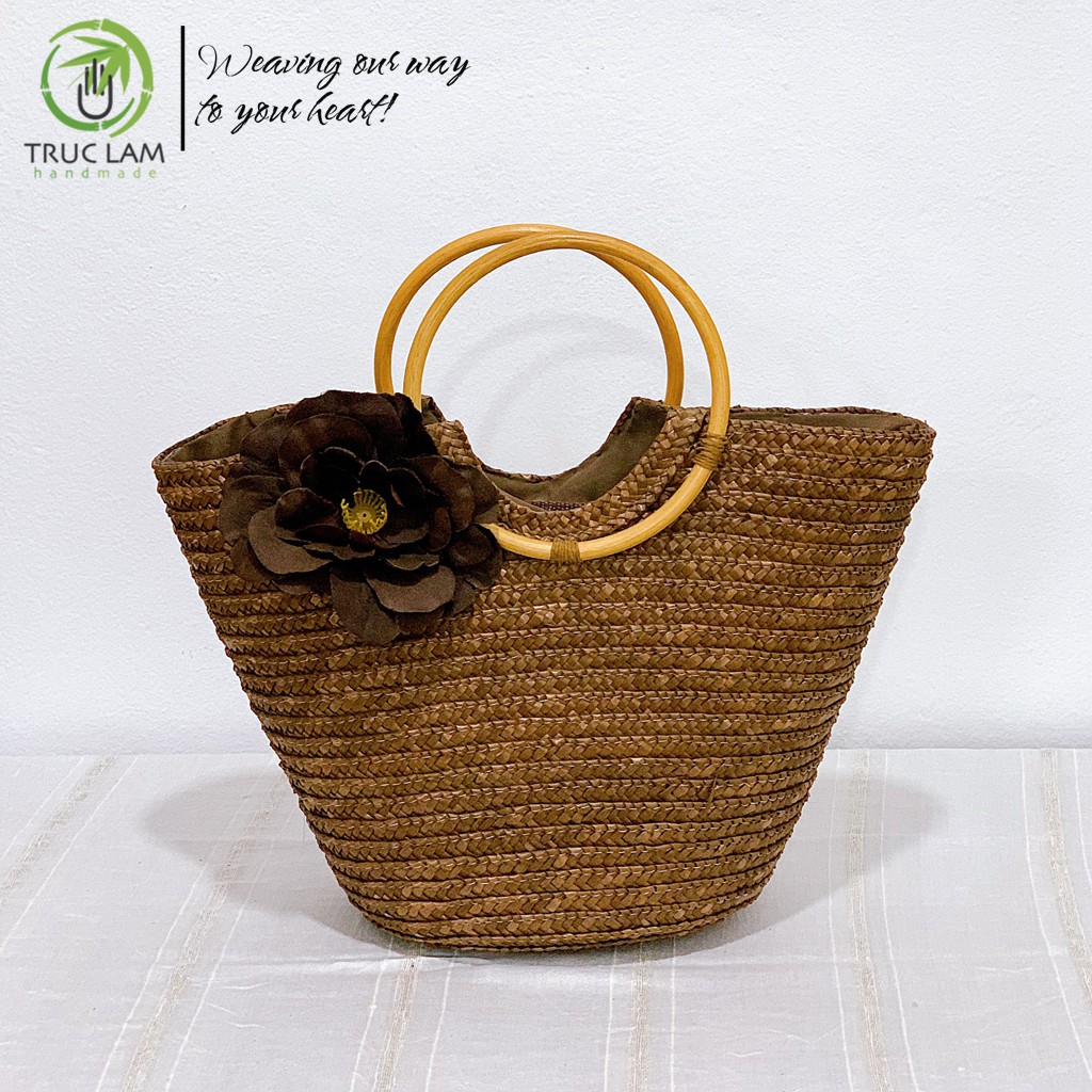 Làn Cói Xách Tay Thời Trang Nữ Quai Mây Tròn Gắn Hoa Lụa – Trúc Lâm Handmade