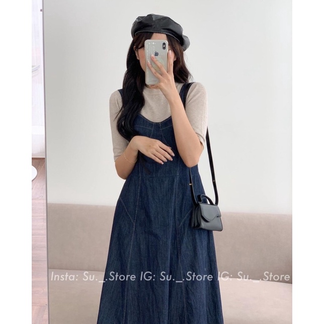 [Ảnh thật/Videi]Yếm jean Hàn dáng dài xoè nhẹ tôn dánh Đầm xoè hai dây Hàn Quỗ