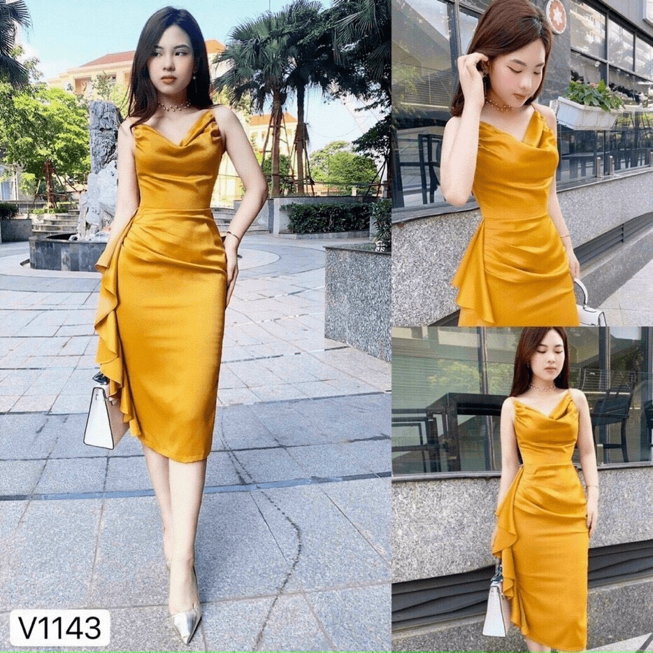 TBL-Ảnh thật Đầm xếp ly cổ đổ 2 dây ôm body màu vàng dự tiệc dạ hội thiết kế cao cấp qc22