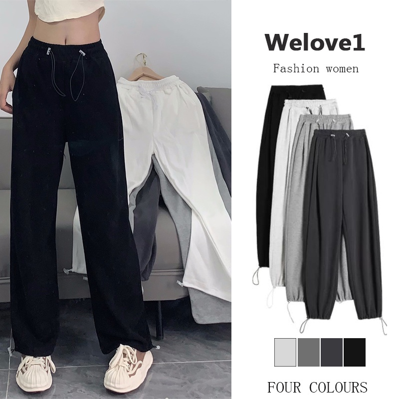 Quần Thể Thao Nữ Dài Lưng Cao Ống Rộng Màu Đen Phong Cách Hàn Quốc