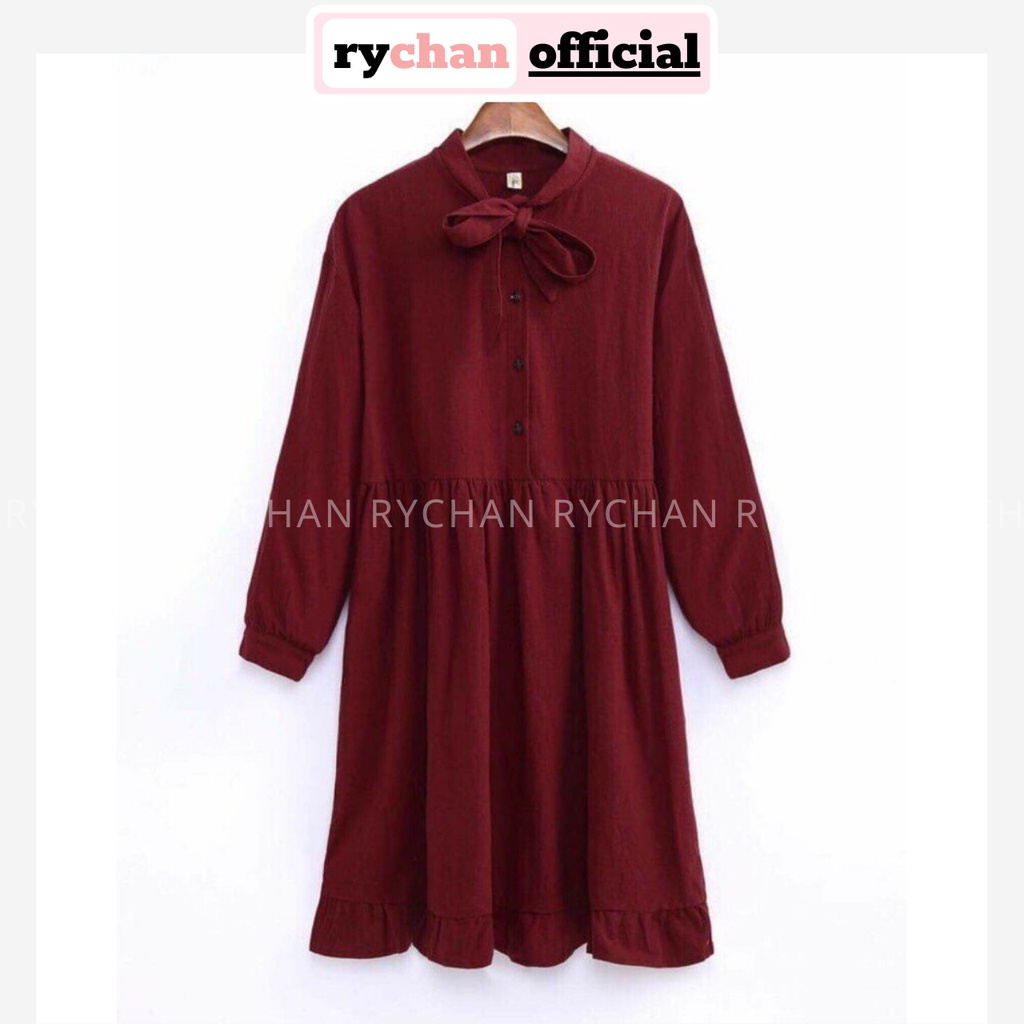 DX499 - Đầm Xòe Đi Chơi Babydoll Đỏ Phối Nơ Cổ Tay Dài