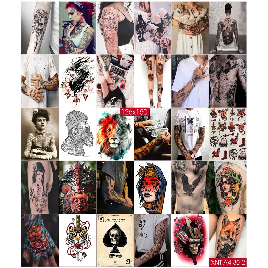 Combo Set 50 tờ Decal dán tường Phun Xăm Nghệ Thuật Khổ A3,A4,A5