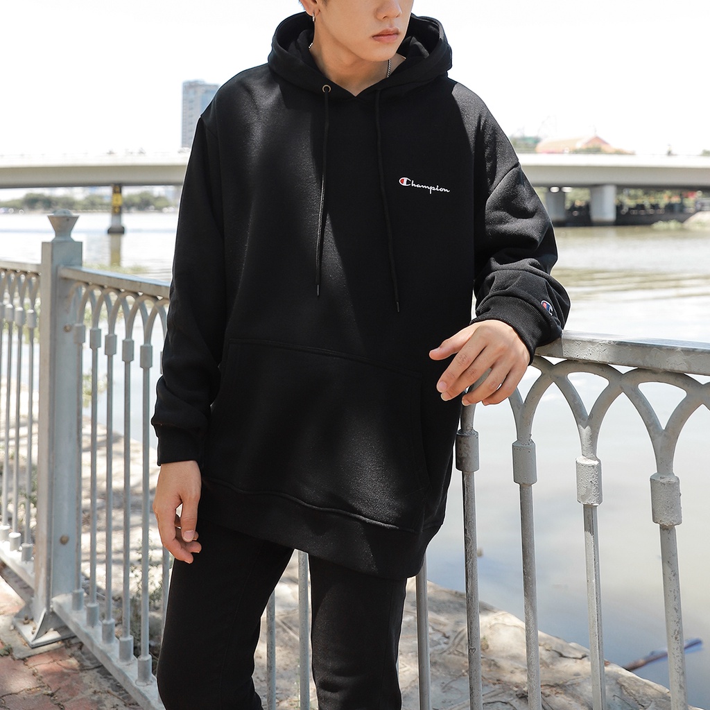 Áo Hoodie Thêu Logo Champion Sắc Nét Phía Trước-Chất Vải Nỉ Bông Cotton-Form Rộng Rãi Unisex Nam Nữ-Màu Nâu Tan