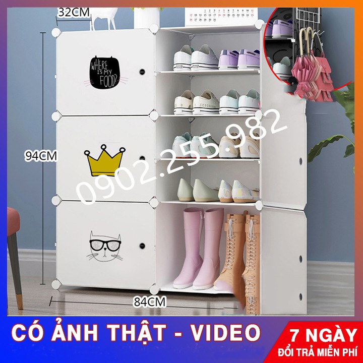 TỦ NHỰA ĐỂ GIÀY 2 Ô TO ĐỰNG BỐT + 8 Ô NHỎ ĐỰNG GIÀY DÉP (chia ô) VÁCH HỒNG NHẠT CỬA TRẮNG TRONG