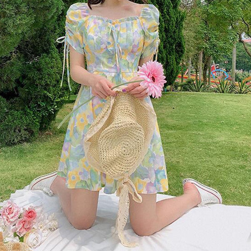 Đầm Cổ Vuông Tay Ngắn Phối Dây Rút Họa Tiết Hoa Phong Cách Pháp Thời Trang Mùa Hè Cho Nữ