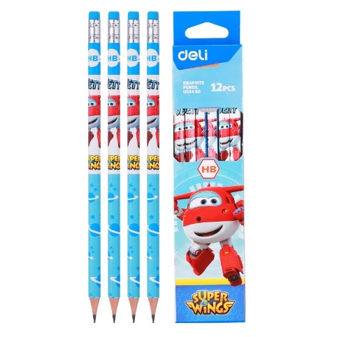 Hộp 12 cây bút chì HB Deli U534 có đầu tẩy, đội bay siêu đẳng Superwings