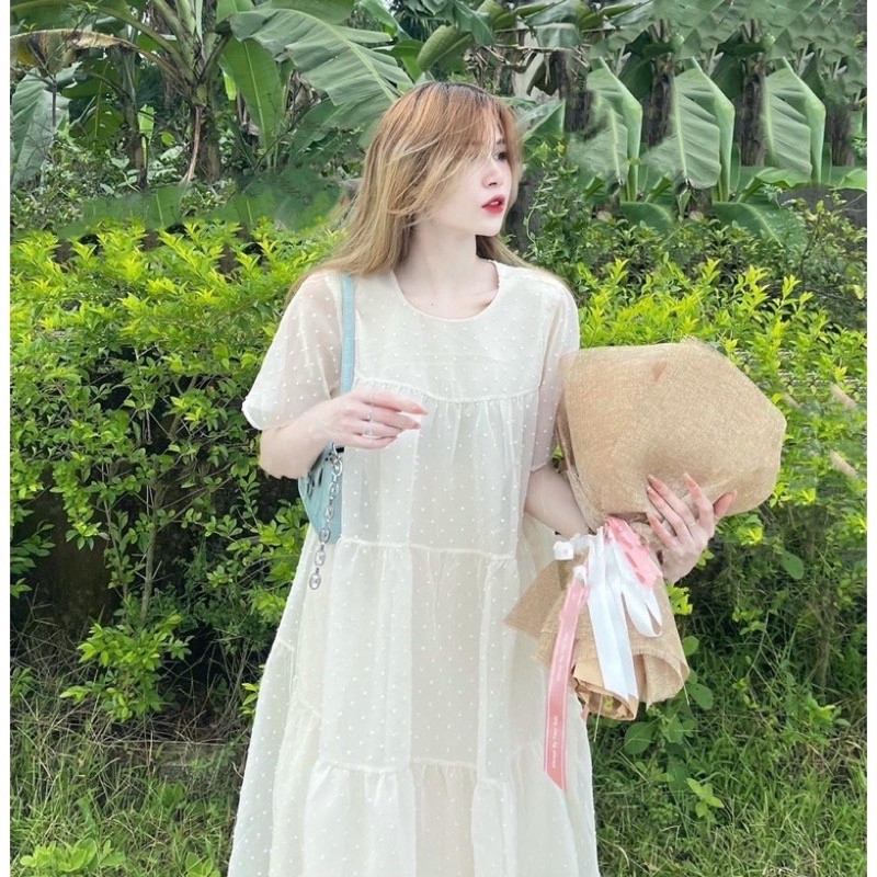 Đầm babydoll dáng suông siêu xinh hoạ tiết chấm bi, váy xinh dáng rộng bầu bì bon chen được