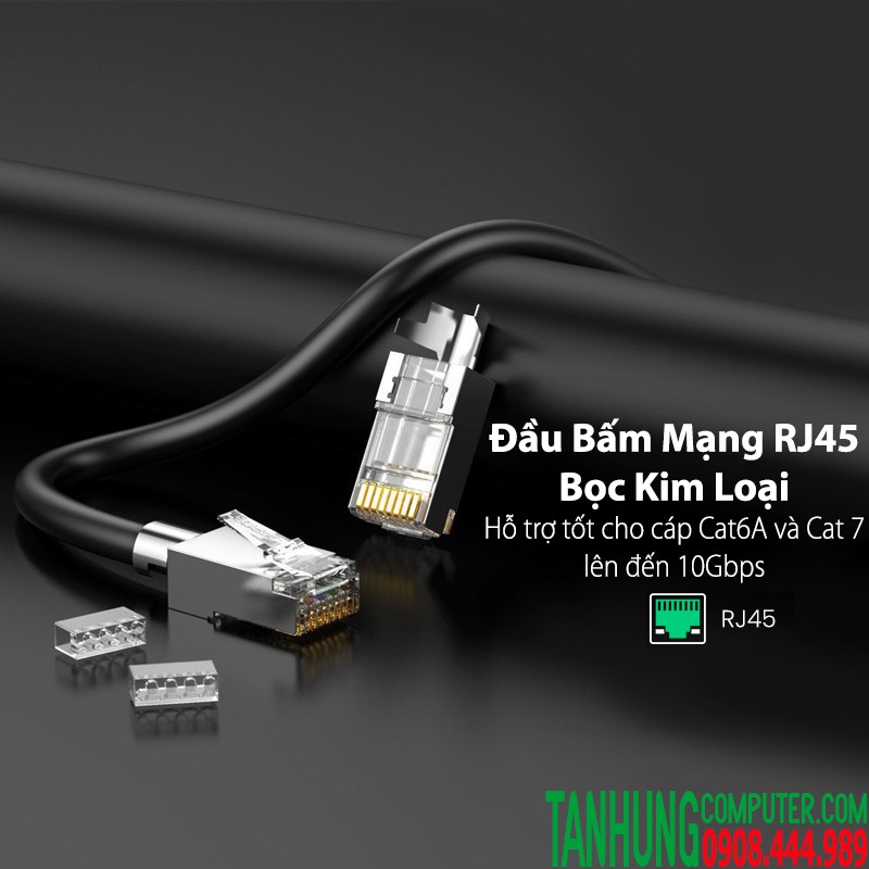 Đầu bấm dây mạng Cat6A Chính hãng Ugreen 70316(Chuẩn RJ45 túi/10 cái+đầu chụp nhựa)