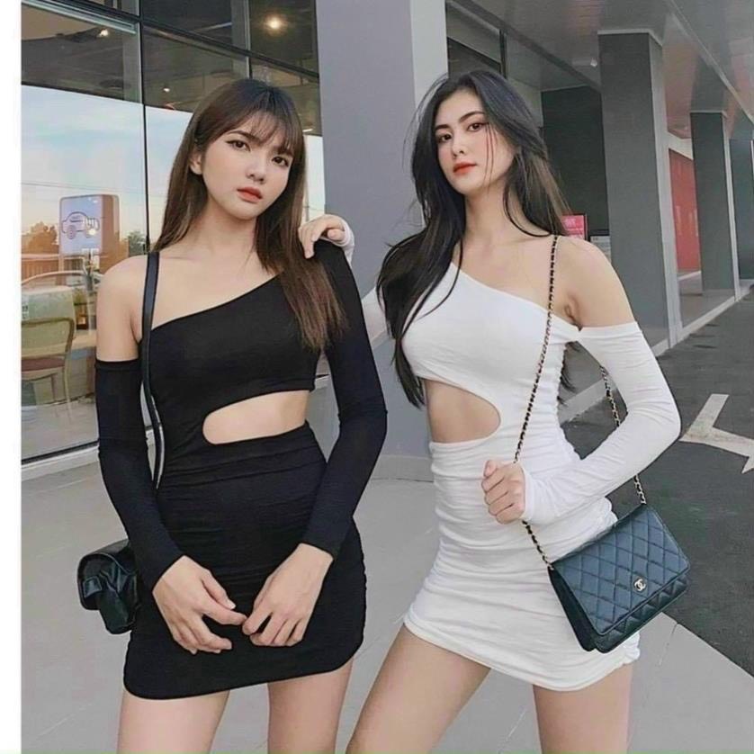 Đầm body lệch vai tay dài khoét eo siêu hot - Váy Ôm Sexy Nữ💃By 23t.shop