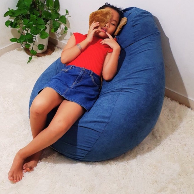 Ghế Lười Hạt Xốp 3ii Home Cao Cấp Hình Trái Lê Size L 100x120cm Màu Xanh Dương Vải Nhung Gân Mềm Mại Êm Ái