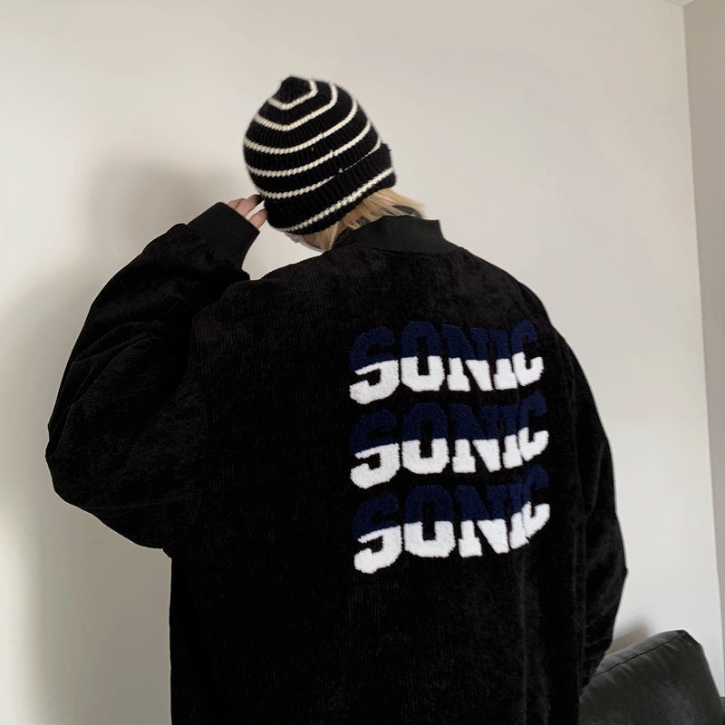 Áo khoác bóng chày vải nhung kẻ dáng rộng in họa tiết chữ phong cách retro cá tính