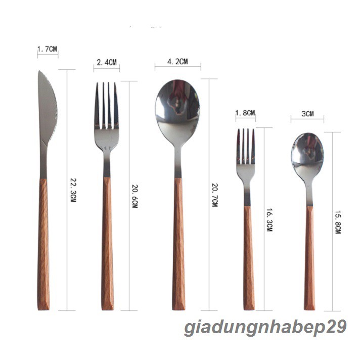 Bộ dao dĩa thìa cán gỗ thép không gỉ phong cách Hàn Quốc sang trọng