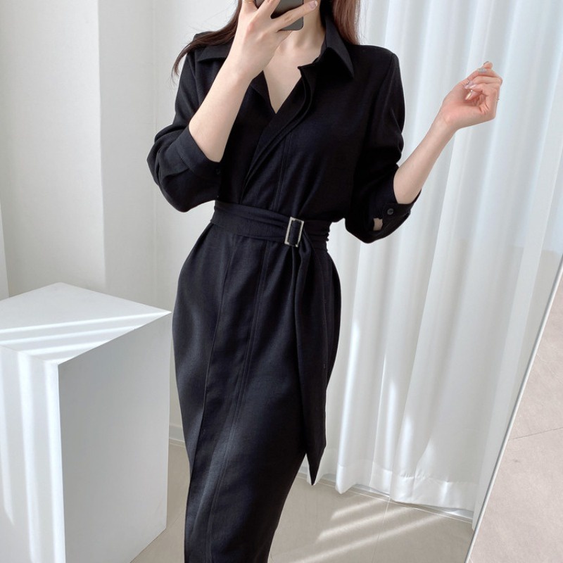 Đầm sơ mi thắt eo giấu cúc dáng dài công sở phong cách nhẹ nhàng vintage