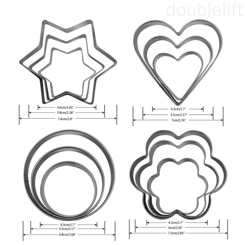 Set 12 Khuôn Làm Bánh Bằng Thép Không Gỉ Hình Tròn / Ngôi Sao / Hoa / Trái Tim Tiện Dụng