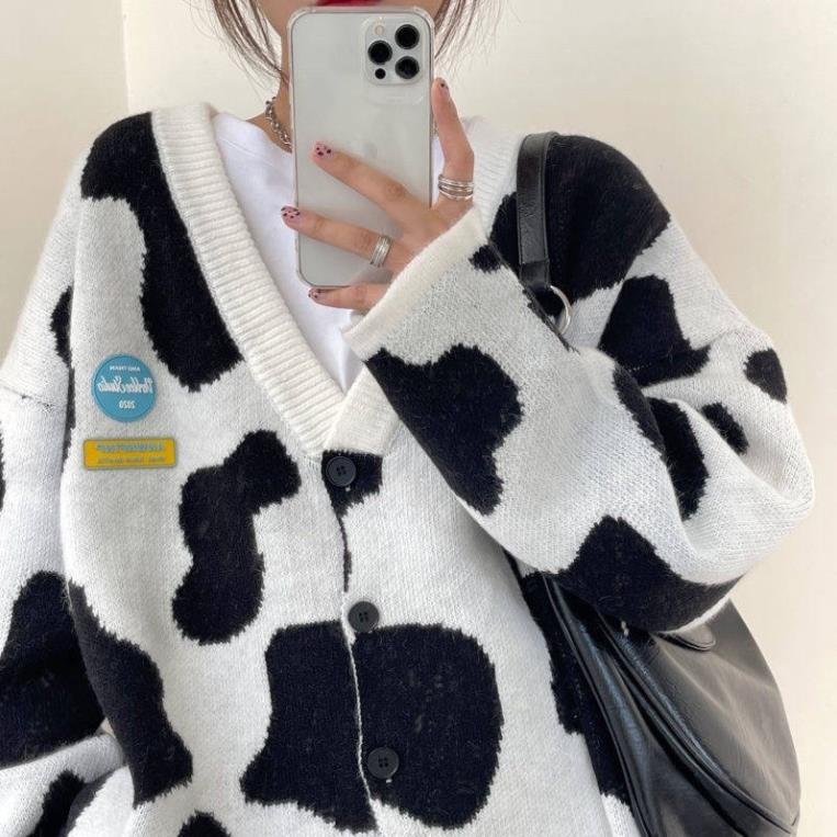 SALE SOCK Freeship Áo Cadigan Len Hoạ Tiết Bò Sữa Kèm Ảnh Thật