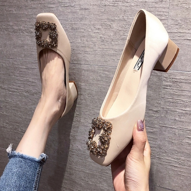 Giày Cao Gót 3Cm Mũi Vuông Đính Nơ Đính Đá Dành Cho Phù Dâu