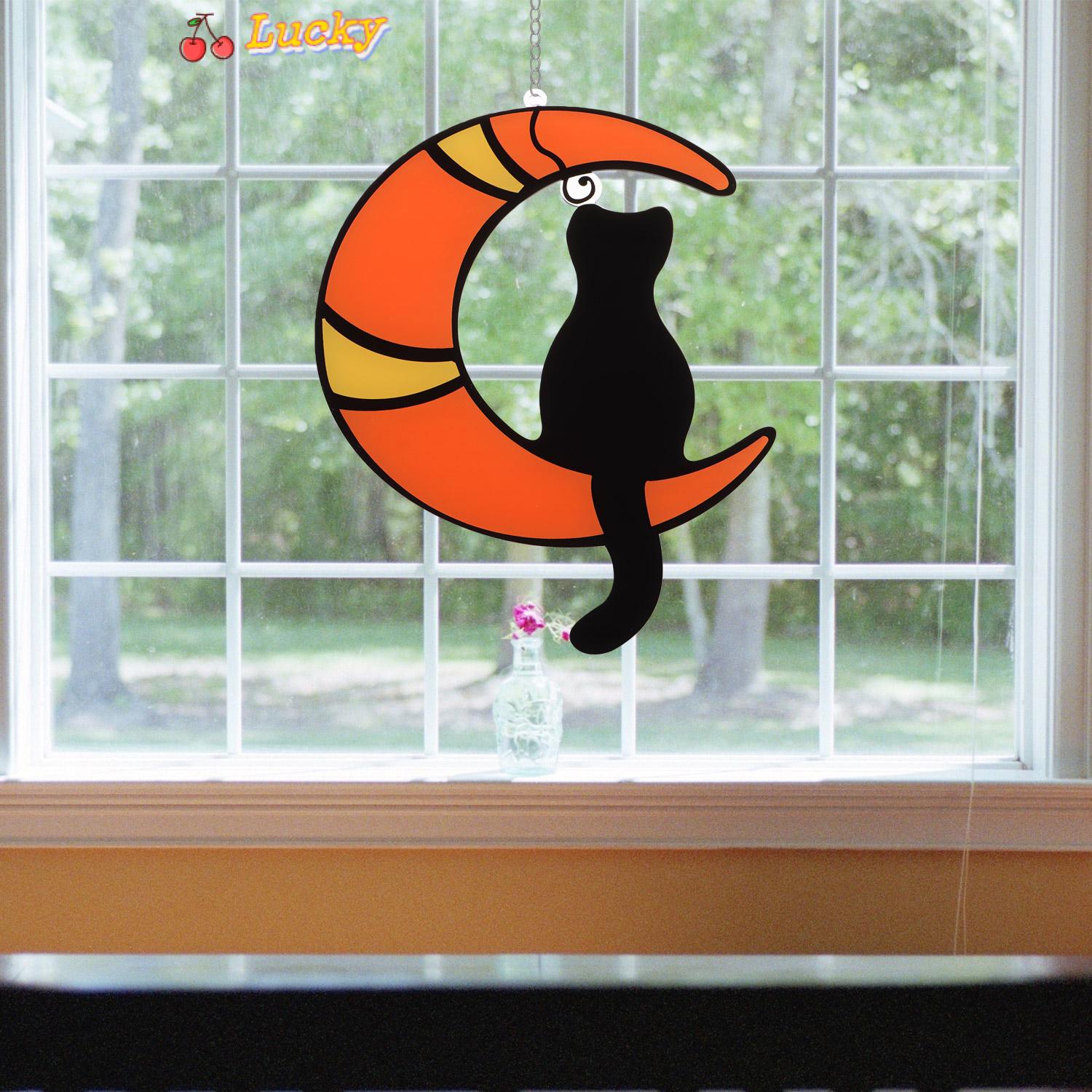 LUCKY Moon Stained Glass Cat Glasses Black Cats Sun Catchers Ornament Home Decor Window Hanging Suncatchers For Windows Cat Garden Decor/Multicolor