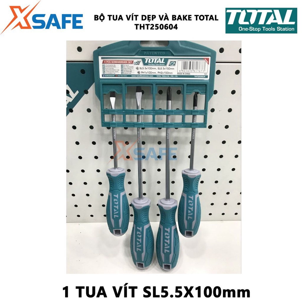Bộ tuốc nơ vít dẹp và bake 4 chi tiết TOTAL THT250604 | Bộ 4 tua vít tua vít SL5.5X100mm, tua vít SL6.5X150mm