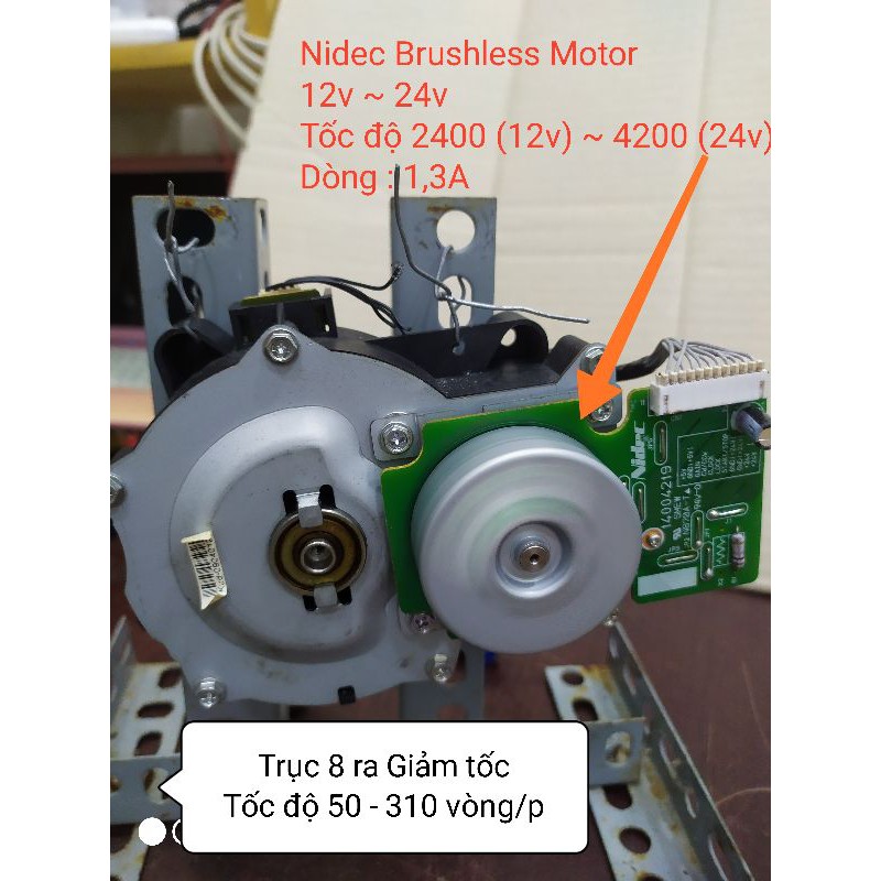 Giảm tốc Nidec Brushless 12v~24v Tỉ lệ truyền 1:13 đầu ra cốt 8mm 50-310 vòng