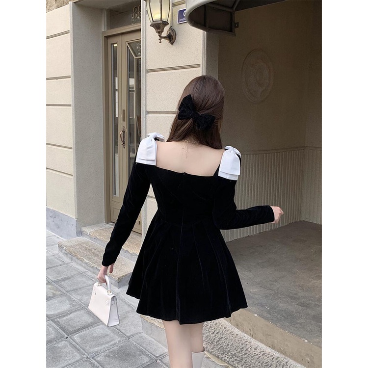 Đầm Xòe Nữ Vải Nhung Màu Đen Dài Váy Liền Cổ Vuông Vai Phối Nơ Trắng Phong Cách Pháp Hàng Quảng Châu Cao Cấp Đi ăn Tiệc | BigBuy360 - bigbuy360.vn