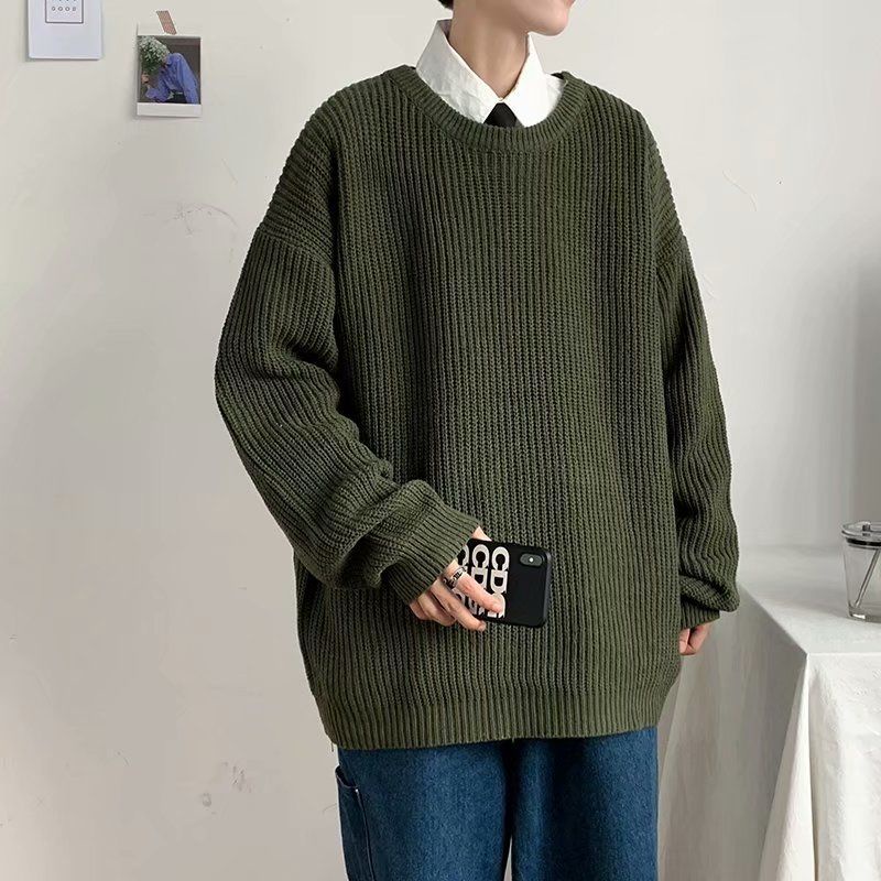 Áo Sweater Cotton Dệt Kim Cổ Tròn Dáng Rộng Màu Sắc Đơn Giản Trẻ Trung Cho Nam Giới