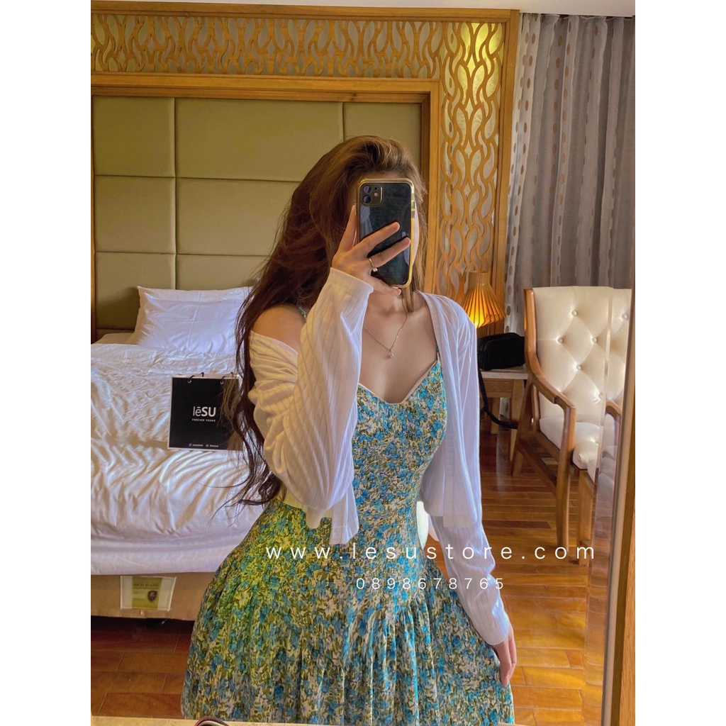ẢNH TỰ CHỤP Set Cardigan & Đầm 2 dây hoa xoè đuôi cá