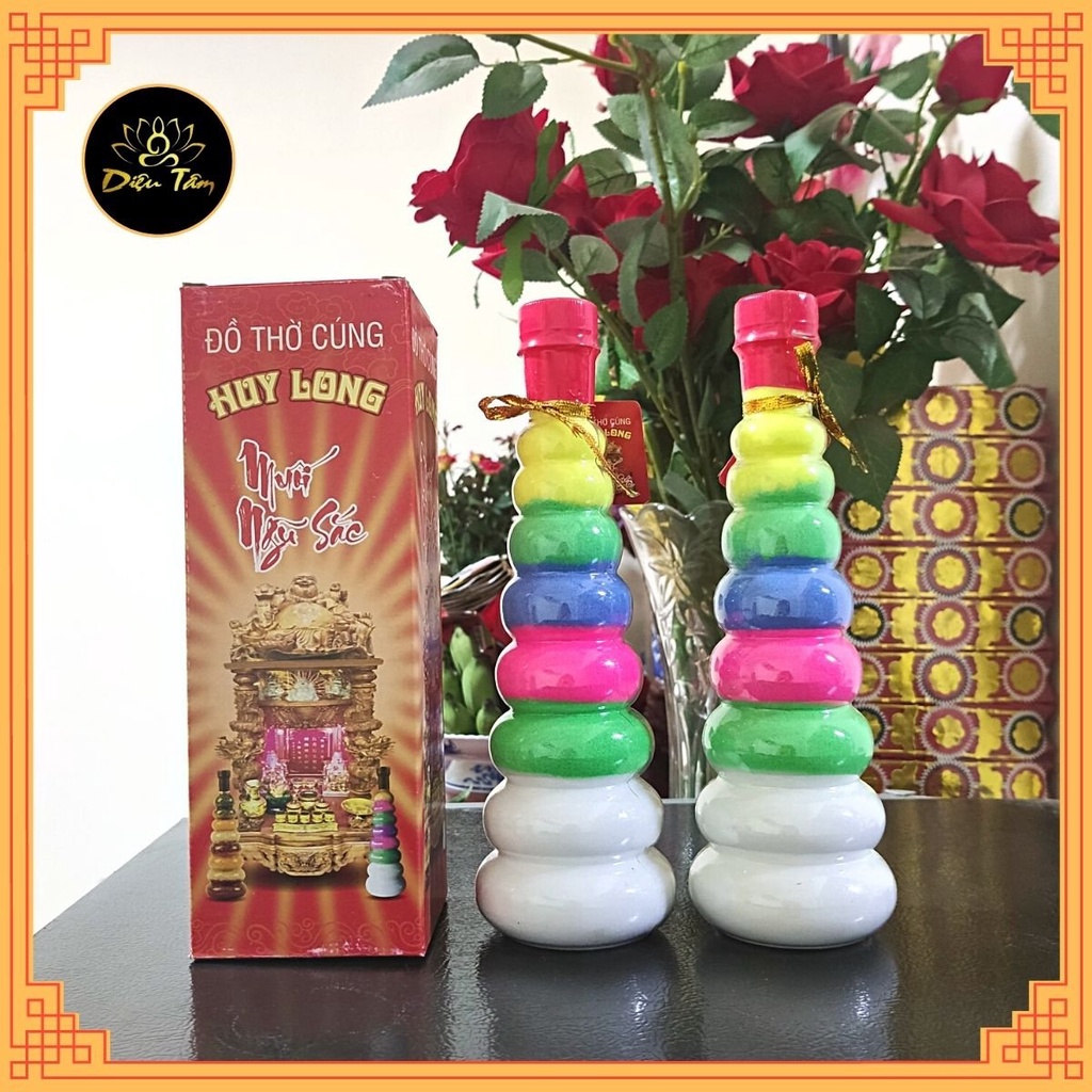 Chai muối ngũ sắc phong thủy bày bàn thờ thần tài đồ thờ cúng.