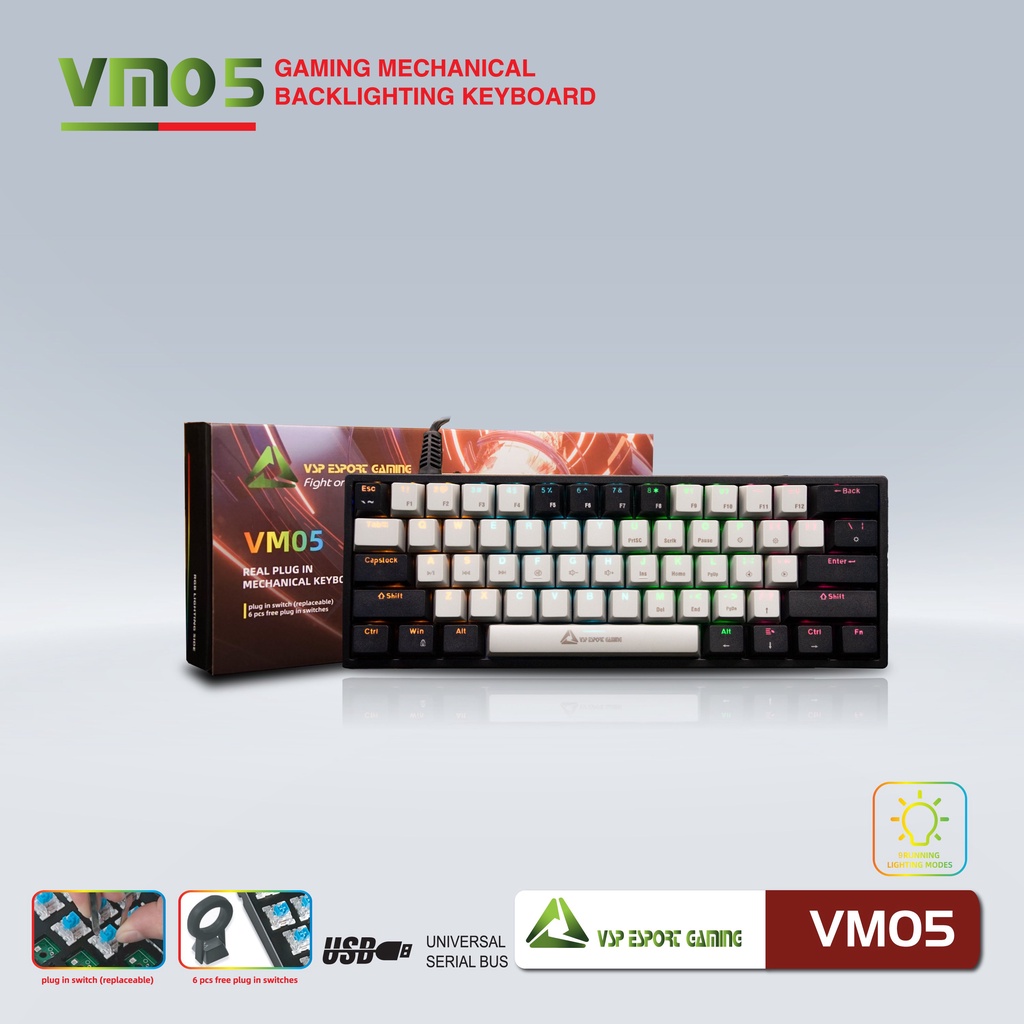 Bàn phím Cơ Gaming Mini VSP Esport VM05 - 9 chế độ Led, 61 Keys - Hãng phân phối