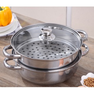 Nồi hấp 2 tầng đa năng 28cm, nổi lẩu dẫn nhiệt tốt ( dùng được cho bếp từ) - Vung kính tiện dụng, chất liệu inox 304