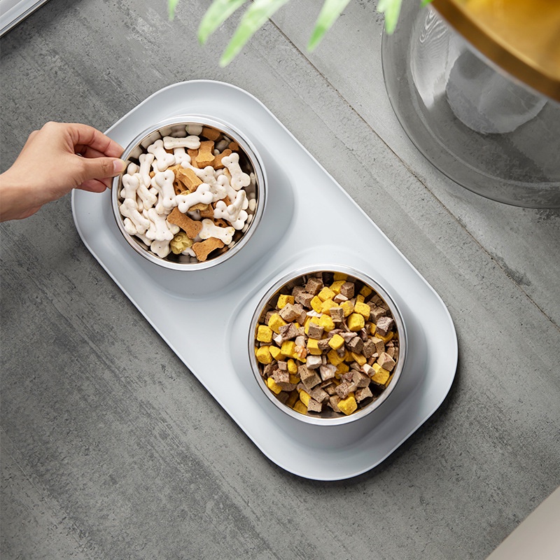 Bát ăn cho mèo đôi bát ăn cho chó hai ngăn 2 bát inox tháo rời chống kiến nghiêng chống gù 40x23cm
